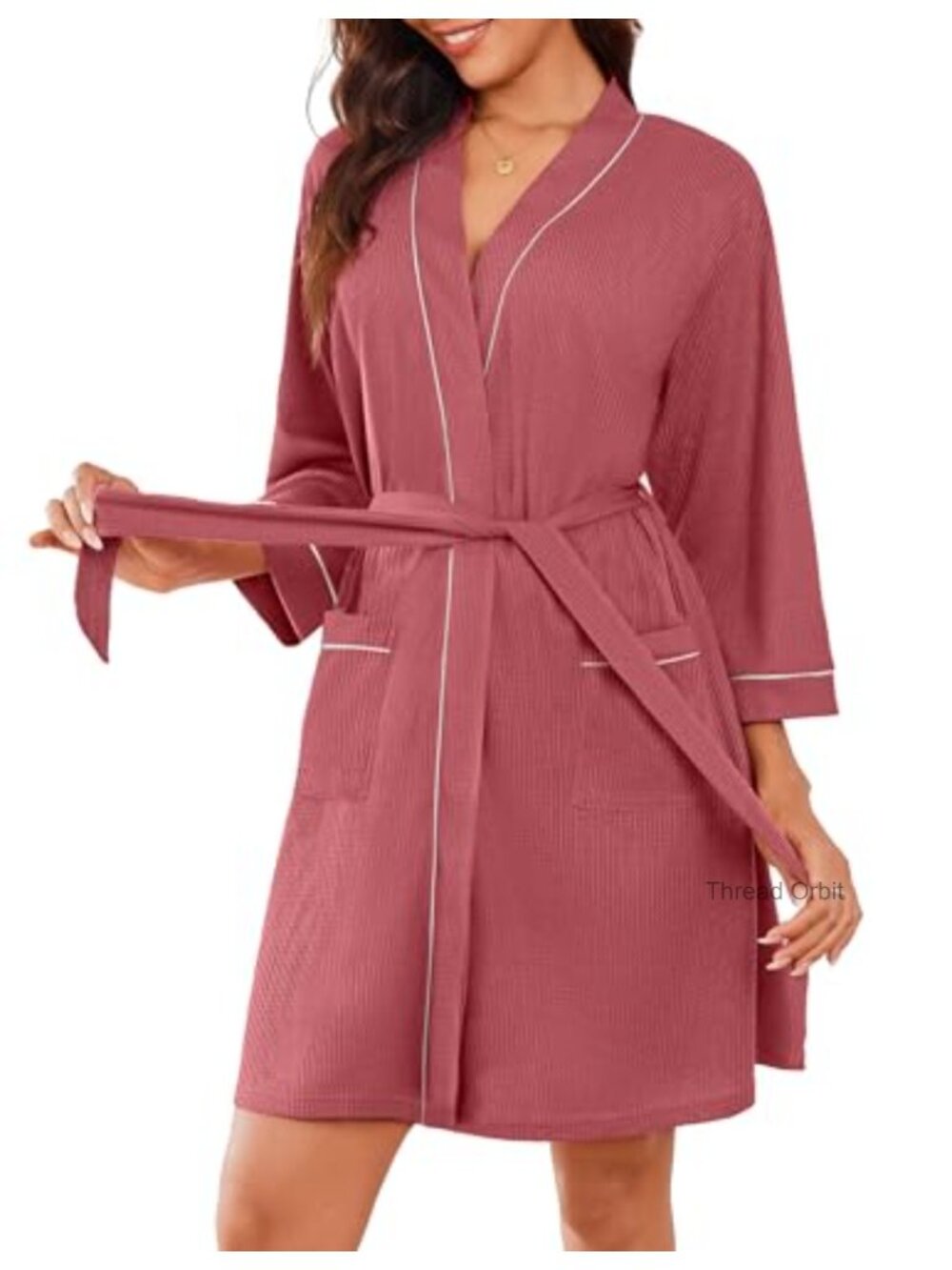 Waffle Knit Knee Length Bathrobe 3/4 Sleeve V Neck Loungewear